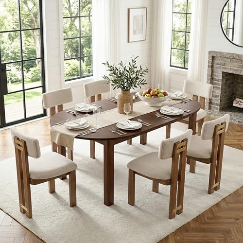 HNY Modern Farmhouse Linen Dining Chairs Set of 6, Beige Fabric Upholstered Dining Room Kitchen Chairs with Natural Wood Frame & Curved-Back, Armless Accent Wood Chairs for Dining Living Room