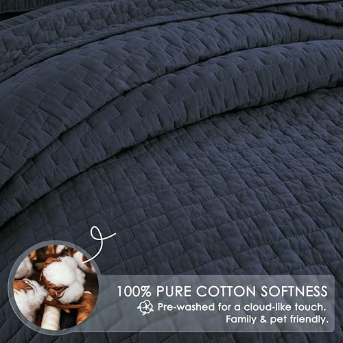 Image of palassio Navy Blue 100% Cotton Quilt Queen Size Bedding Sets with 2 Pillow Shams, Textured Lightweight Soft Bedspread Shabby Chic Coverlet, Quilted Comforter Bed Cover for All Season, 3 Pieces