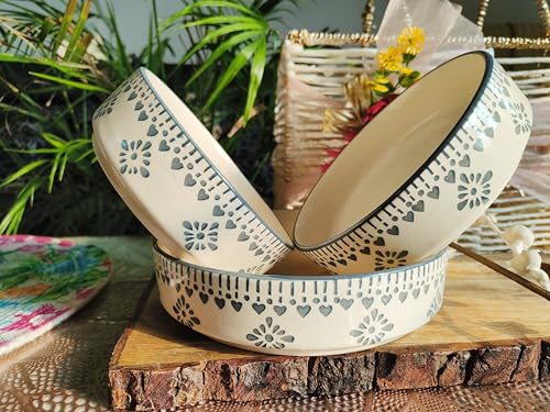 Image of Niyara Stoneware Handmade Ceramic Stylish Premium Serving Bowls /Salad Tray Microwave Dishwasher Safe (Grey jhalar Set of 3)