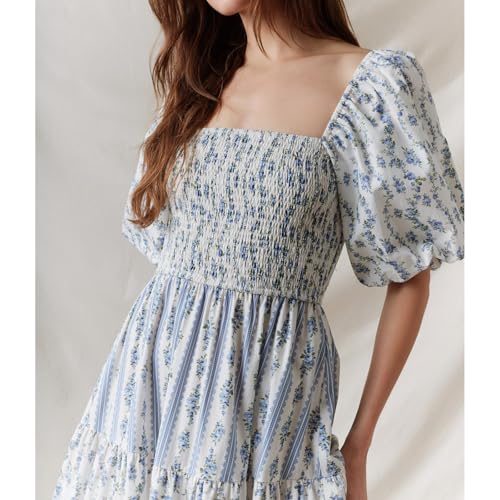 Image of Women Patchwork Dress Y2k Floral Puff Short Sleeve Maxi Dress Summer Boho Smocked Tiered Ruffle Beach Sundress