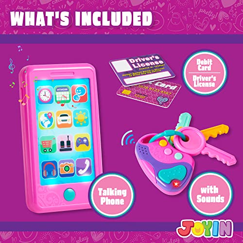 JOYIN Pretend Kids Phone, Learning Toy Phone Set (4-in-1),Kids Cellphone, Keyfob Key Toy, Driver's License, and Debit Card, Car Sounds,Phrases and Music,Girls Boys Birthday Gifts for Kids 1-3, Pink - image 2