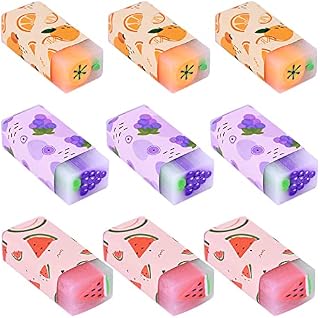 9 Pcs Fruit Erasers, Pastel Rubbers Erasers Coloured Plastic Pencil Eraser Pack Pen Eraser Rubber Cute Kids Erasers Novelty Erasers for School, Office, Student, Artists, Christmas Gift, Party Favors