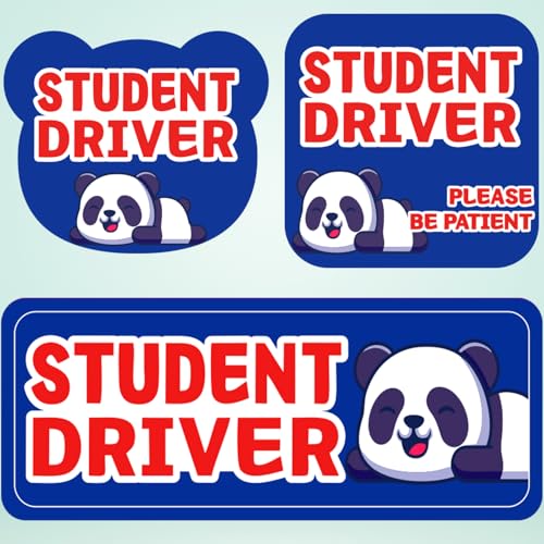Image of Student Driver Please Be Patient Car Magnet, Blue Panda Cute Shape, Patient with Reflective Magnetic Bumper Sticker Set Detachable, Novice Safety Signs.Set of 3