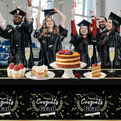 Image of Childom 2 Pack Graduation Tablecloth,Graduation Decorations Class of 2026 Graduation Party Decorations,54 inchx108 inch Black and Gold Plastic Table Cloth Disposable Rectangle for Home,School,Party Supplies
