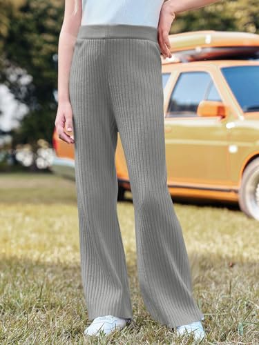 Image of Haloumoning Girls Solid Rib Knit Wide Leg Pants Elastic Waist Flowy Casual Sweater Pants 5-14 Years