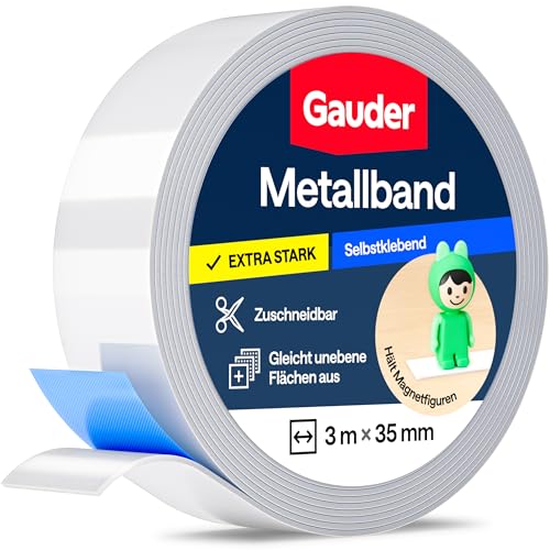 GAUDER Metallband selbstklebend - Ideal für Tonie-Figuren & -Regale - Magnetband für Magnete - Ferroband mit Schaumstoff-Kleber - Stahlband und Eisenband (3 m x 35 mm)