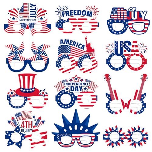 12 Pcs Patriotic Photo Booth Props - Funny 4th of July Party Eyewear Red White and Blue Independence Day Photo Booth Props Patriotic Decorations for Kids and Adults Party Favors