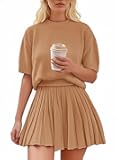 Jenisso Womens 2 Piece Outfits 2026 Short Sleeve Crewneck Knit Tops And Pleated Mini Skirt Two Piece Sets