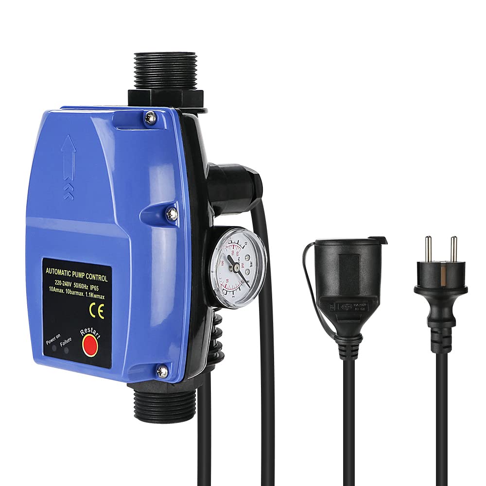 Control de bomba, interruptor de presión con manómetro y cable, regulador de presión electrónico máx. 10 bar, regulador de flujo para plantas de agua domésticas, bomba centrífuga, bomba sumergible,