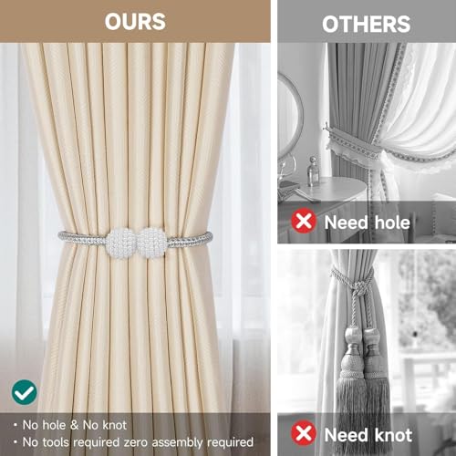 Image of INOVERA (LABEL) 8 Pieces Magnetic Curtain Tiebacks - Decorative Windows Curtain Tie Rope - Drapery Holdbacks for Home, Office (Grey)