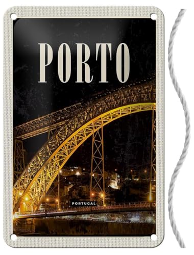 Targa in metallo con cordoncino, 18 x 12 cm, Porto Portogallo Ponte Notte Immagine - Blechemma
