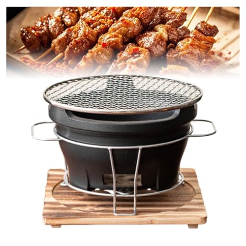 Parrilla de barbacoa, parrilla portátil de carbón con base de madera, estufa redonda de camping para barbacoa familiar y picnics
