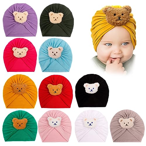 11PCS Baby Hats, Newborn Baby Turban, Cute Animal Top Knot Head Wrap Baby Hospital Hat for Infant Toddler 0-2 Years Old