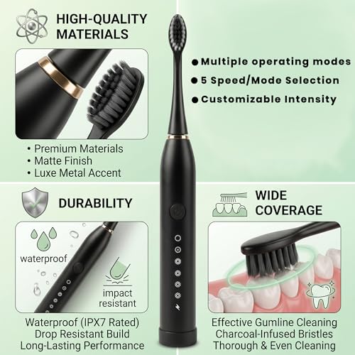 Image of Oblivion Electric Toothbrush - Black Rechargeable Sonic Toothbrush with 3 Extra Brush Heads - Waterproof USB Charging Soft Bristle Tooth Brush for Adults Advanced Oral Care Portable Design (Pack of 1)