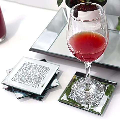 GIMORRTO Glass Mirrored Coaster 4 PC, Crushed Diamond Square Cup Mat 4" Decor on Tabletop for Bar Tools Dining Table Cover