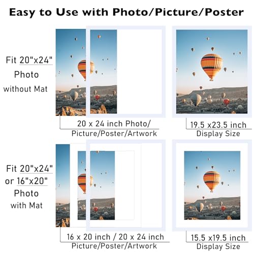 Image of JCJMY 20x24 Picture Frame with 16x20 Mat, Display Photo 16x20 with Mat or 20 x 24 Without Mat, Wall Hanging Large 20 by 24 Poster Frame with Plexiglass, White