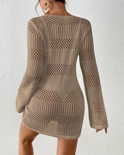 Image of Bsubseach Women Swimsuit Crochet Coverup Long Sleeve V Neck Beach Dress