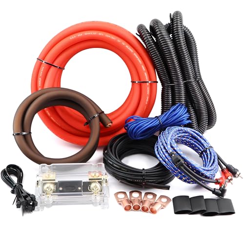Ruikarhop 0 Gauge AMP Wiring Kit OFC 3000W Car Audio Amp Install Kit with 250A ANL Fuse Holder RCA Cable Speaker Wire & Ring Terminals for Complete 1/0 OFC Subwoofer Amp Wiring kit