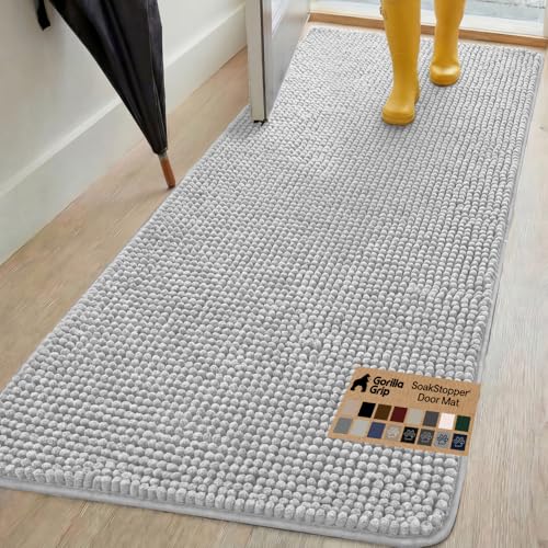Image of GORILLA GRIP SoakSTOPPER Dog Door Mat, 70x24 Machine Washable Rug Absorbent Doormat Captures Moisture Mud Dirt, Quick Dry Soft Chenille Entryway Rugs Indoor Entrance Mats for Dog Paws, Light Gray