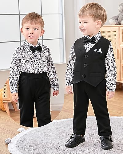 Image of YALLET Baby Boy Clothes Suit 0-24 Months Infant Gentleman Outfits Formal Dress Shirt+Bowtie+Vest+Pants Set Baby Wedding Suits