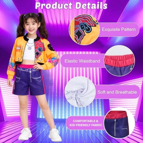 Image of Wanna Party Korean Pop Band Theme Rumi Costume for Girls Size L | Yellow Orange & Navy Idol Outfit Set with Jacket & Shorts | Kids Pop Star Fancy Dress for Dance, Stage, Halloween & Theme Parties