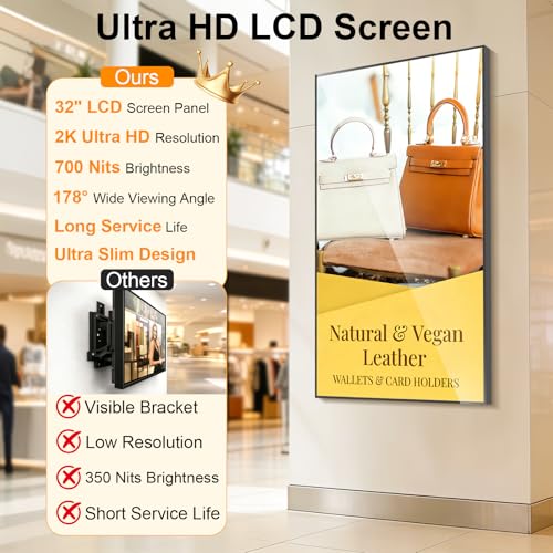 Image of 32 inch Wall Mount Digital Signage, 1000nits Slim Fit Frameless Digital Signage Display, LCD Monitor Advertising Screen, Android OS with HDMI in, Publishing Content with U-Disk /APP /CMS