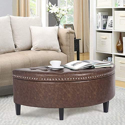Homebeez 43.5" Half Moon Storage Ottoman Bench, Lift Top Faux Leather Storage Ottoman Bench for Bedroom Living Room (Light Brown)