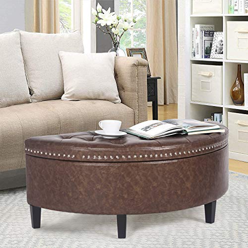 Homebeez 43.5" Half Moon Storage Ottoman Bench, Lift Top Faux Leather Storage Ottoman Bench For Bedroom Living Room (Light Brown) #TOP26