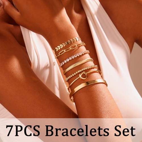 7PCS Gold Bracelets for Women, 14K Gold Plated Bangle Cubic Zirconia Cuff Bracelet Set with Adjustable Chain, Beaded Bracelets Jewelry Gift for Women Trendy2