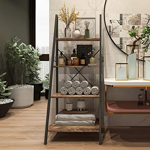 4NM Industrial 4-Tier Ladder Shelf, Metal Bookshelf Multifunctional Plant Flower Stand Storage Rack Shelves - Rustic Brown and Black
