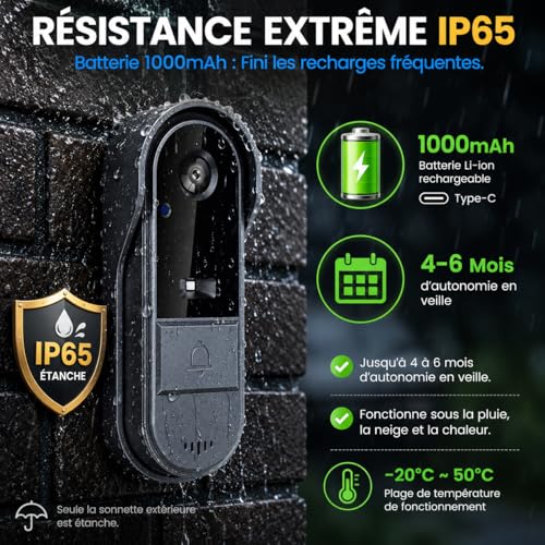 Sonnette sans fil avec caméra IP65 étanche visiophone interphone HD