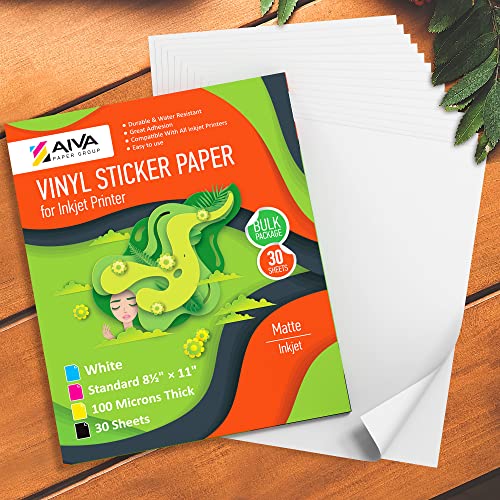Printable Vinyl Sticker Paper - Waterproof Decal Paper For Inkjet Printer - 30 Self-Adhesive Sheets - Matte White - Standard Letter Size 8.5"X11" #TOP7