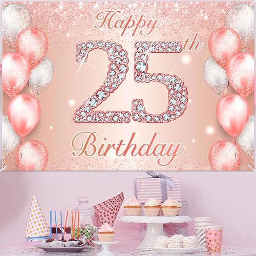Image of Happy 25th Birthday Rose Gold Banner Cheers to 25 Years Old Backdrop Confetti Balloons Theme Decor for Women 25 Years Old Pink Birthday Party Decorations Bday Supplies Background Favors Gift Glitter