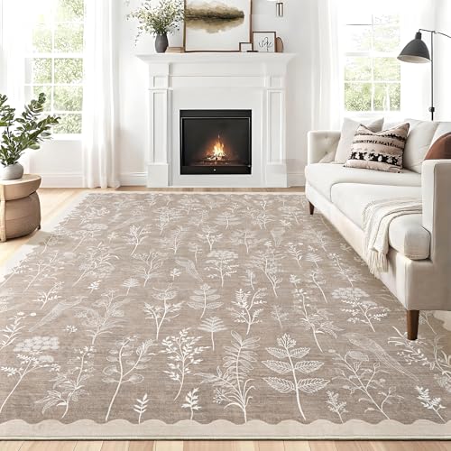 GarveeHome Washable 10x13 Area Rugs for Living Room, Modern Floral Rugs for Bedroom Non Slip, Soft Neutral Indoor Floor Carpet for Dining Room Home Office Kids Playroom Foyer Farmhouse,Taupe