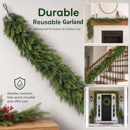 1Pcs 9Ft Real Touch Christmas Cedar Garland, Realistic Full Cedar Garland, Green Artificial Pine Needles Garlands for Mantel, Fireplace, Stairs Railing, Tables, Christmas Decorations - image 5