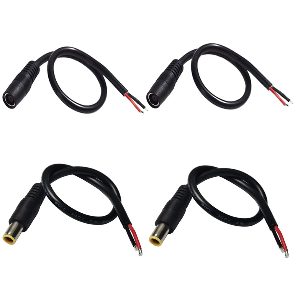 4PCS DC7909 DC8mm Power Cable, Male Plug and Female Socket to Bare Wire Open End Power Wire Supply Repair Cable, 16AWG Barrel Connector Pigtail for Solar Cell,Outdoor Power Supply(0.3m)