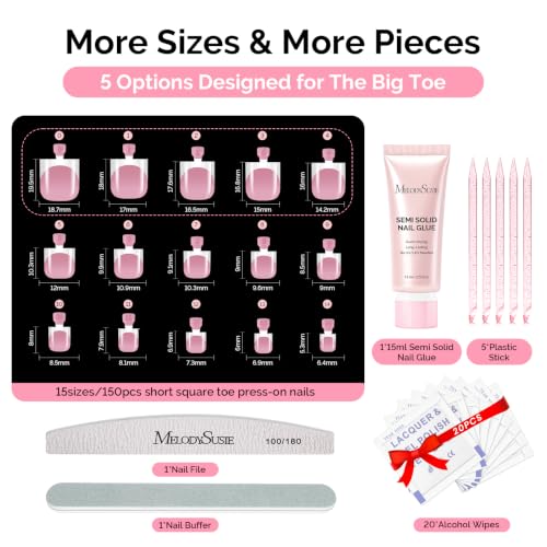 Image of MelodySusie French Tip Sharp Square Press On Toenails Kit,15 Sizes 150Pcs | Pre-Shaped Soft Gel,Half Matte Full Cover Clear Acrylic Press on Nails for DIY Extension&Salon,Long-Lasting Manicure