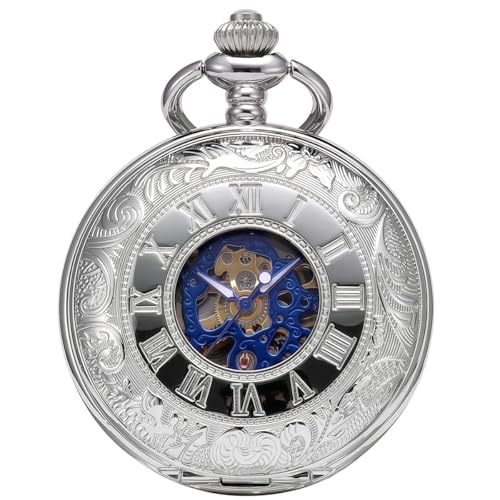 Image of ManChDa Mechanical Roman Numerals Dial Skeleton Pocket Watches with Box and Chains for Mens Women