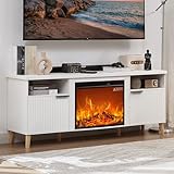 ONBRILL 65in Fireplace TV Stand for TVs up to 70 Inch, Modern Media Entertainment Center with 23 Inch Electric Fireplace, Adjustable Shelves, Storage Cabinets, TV Console Table for Living Room, White