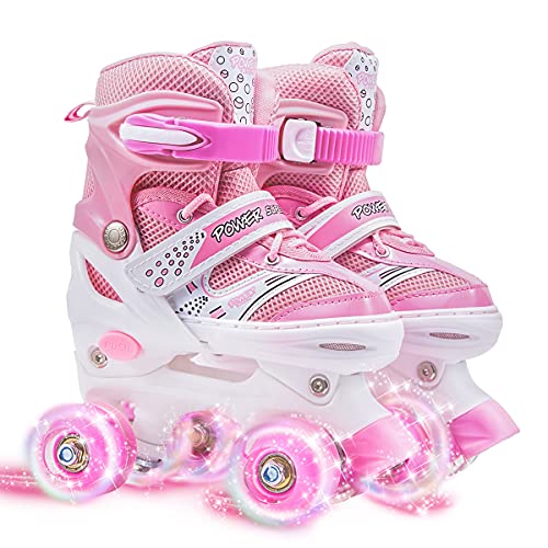Roller Skates for Kids Boys 4 Sizes Adjustable Roller Skates for Girls Beginners, All Wheels Light up Skates, High Standard Comfortable & Breathable Indoor Outdoor Sports Roller Skate Shoes (Pink-M)