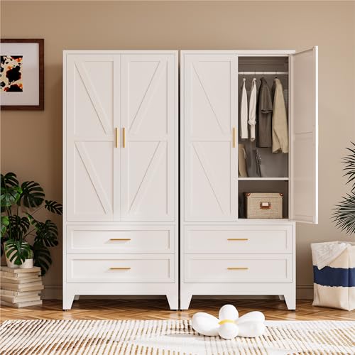 COFaR 71" Metal Wardrobe Closet with 2 Drawers & Hanging Rod, Freestanding Armoire Storage Cabinet with Adjustable Shelf and 2 Doors, White Steel Closet Organizer for Bedroom