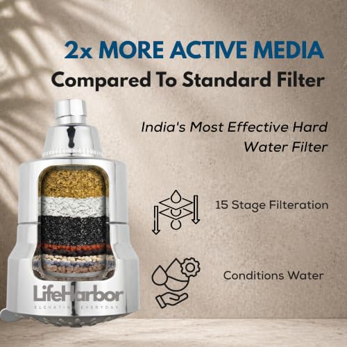 Image of Life Harbor 15-Stage Hard Water Shower Filter | Reduces Hair Fall, Dry Skin & Dandruff | KDF-55 + Activated Carbon + FOF Scale Inhibitor | 2X Active Filtration Media (Shower Filter Classic)