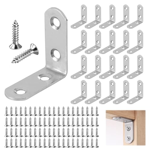 20 Piezas Escuadras Metalicas 50x50mm Escuadras Acero Inoxidable, Soporte de Esquina 90 Grados Soportes de ángulo con 80 Tornillos, Angulos Metalicos para Mesas de Madera, Sillas, Muebles