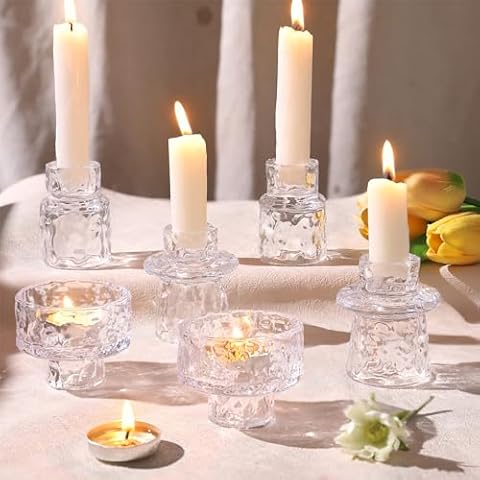 HAVITI 6 PCS Candlestick Holders, Clear Taper Candle Holders, Tealight Candle Holder Glass for Wedding Centerpieces Dinner Party Valentine's Day Table Decor Cover