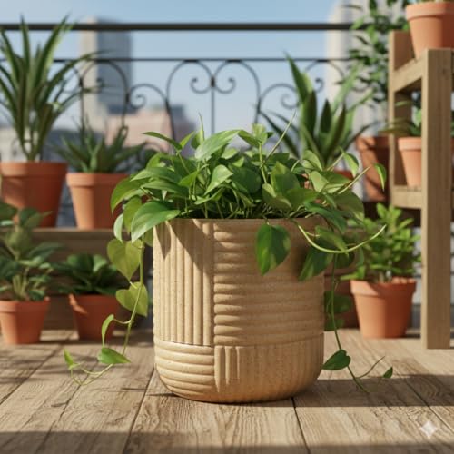 Image of Bonkaso 15 Inch Ribbed Planter Pot for Indoor & Outdoor Use | Round Heavy Duty Polymer Flower Pot | Lightweight Weather Resistant Modern Gamla for Living Room Balcony & Terrace (Beige)