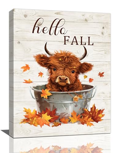 Fall Wall Art Highland Cow Maple Leaf Pictures Wall Decor Autumn Canvas Prints Framed Artwork Home Office Decorations for Bathroom Living Room Bedroom Dinning Room 12