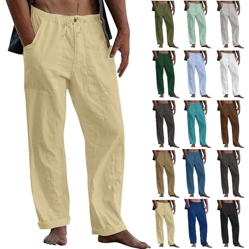 Plus Size Linen Pants Men Loose Fit Casual Drawstring Elastic Waist Pants Lightweight Summer Beach Trousers w/Pockets