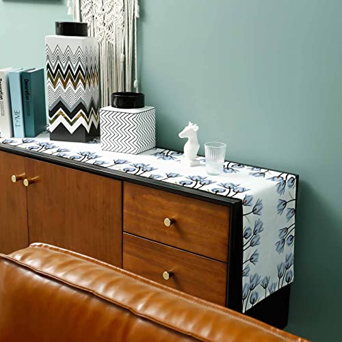 Spring Floral Table Runner 120 Inches Long, Blue Tulip Table Runner Cotton Linen Dresser Scarves Table Flag Dining Table Runners For Coffee Table Holiday Parties Wedding Banquet #TOP5