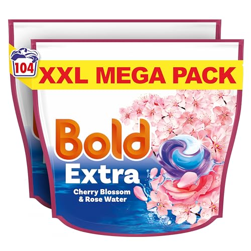 Bold EXTRA PODS® Washing Liquid Laundry Detergent Capsules 104 Washes (52 x 2), Cherry Blossom & Rose Water, Extra Stain And Odour Removal, With Built-In Lenor Softener