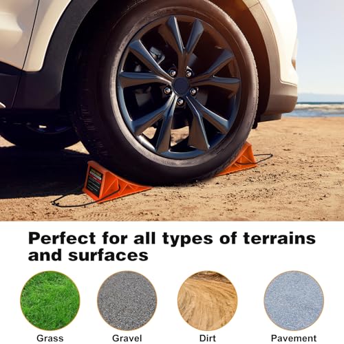 Image of Wheel Chocks, 4 PACK Heavy Duty Wheel Chocks for Car with Rope for Easy Removal, Durable, Non-Slip, Hard Plastic Tire Stopper Blocks for RV, Camper, Trailer, Effective in Keeping Your Vehicle in Place